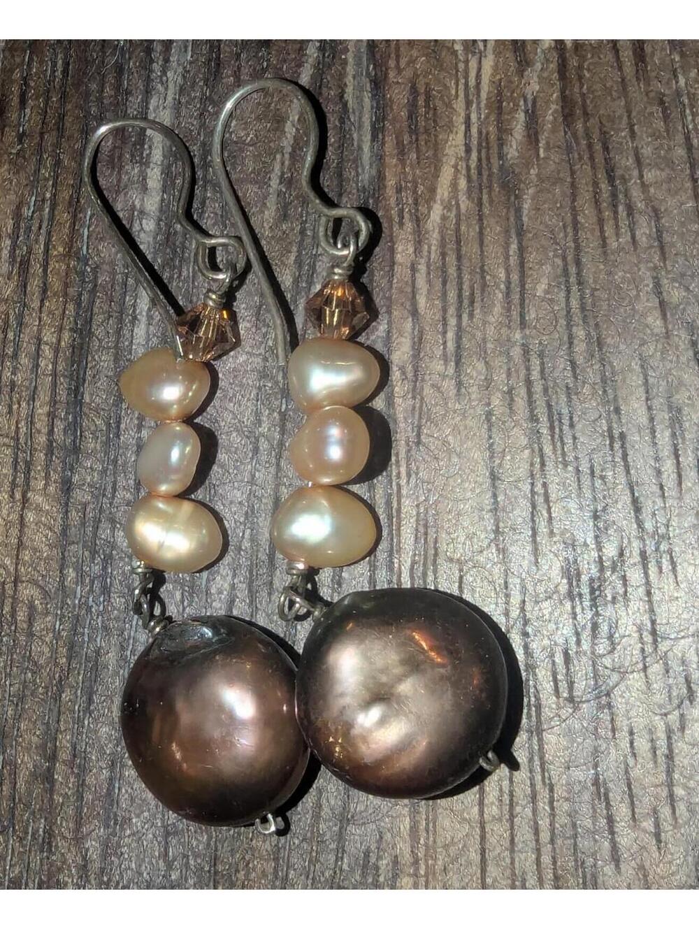 Handmade Pearl and Brown Bead Drop Earrings